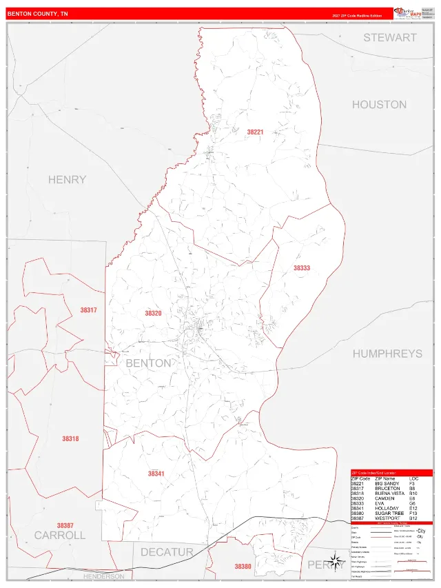Benton County, TN ZIP Code Wall Map, RedLine style