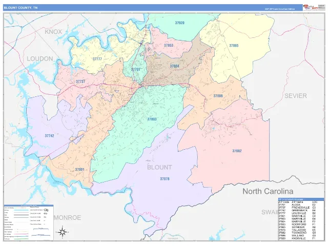 Blount County, TN ZIP Code Wall Map, ColorCast style