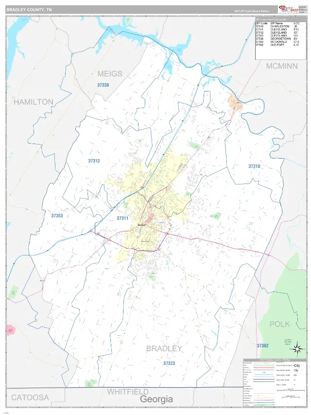 Bradley County, TN ZIP Code Wall Map, Classic style
