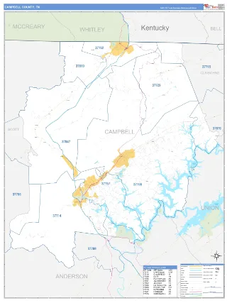 Campbell County, TN Business Reference style ZIP Code wall map