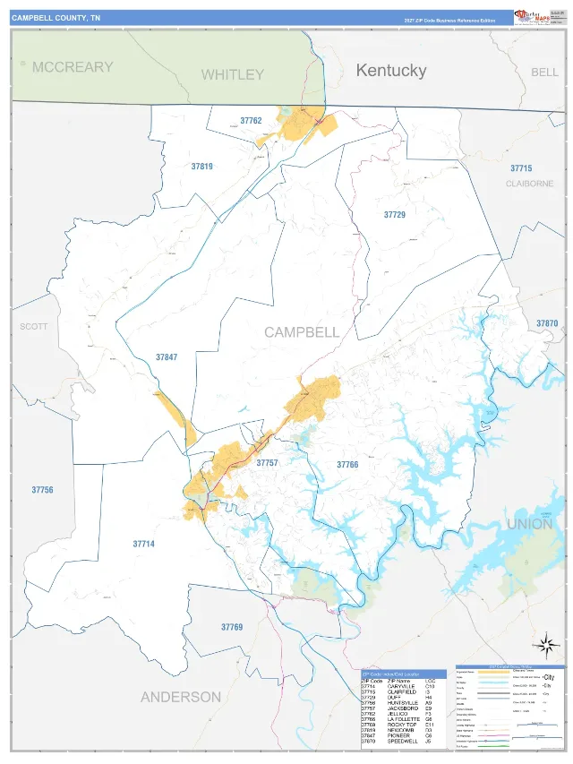 Campbell County, TN ZIP Code Wall Map, Business Reference style