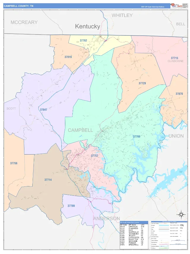Campbell County, TN ZIP Code Wall Map, ColorCast style