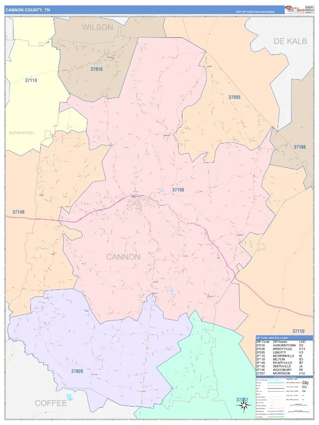Cannon County, TN ZIP Code Wall Map, ColorCast style