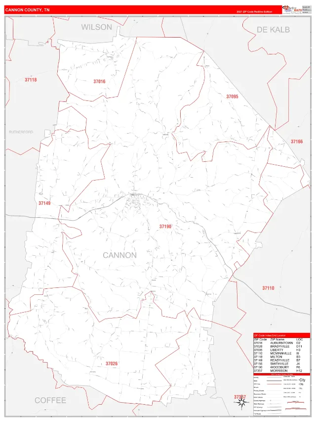 Cannon County, TN ZIP Code Wall Map, RedLine style