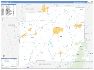 Carroll County, TN Business Reference style ZIP Code wall map