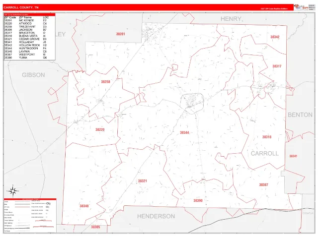 Carroll County, TN ZIP Code Wall Map, RedLine style
