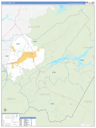 Carter County, TN Business Reference style ZIP Code wall map