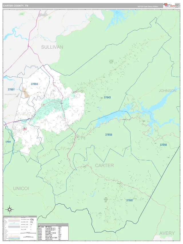 Carter County, TN ZIP Code Wall Map, Classic style