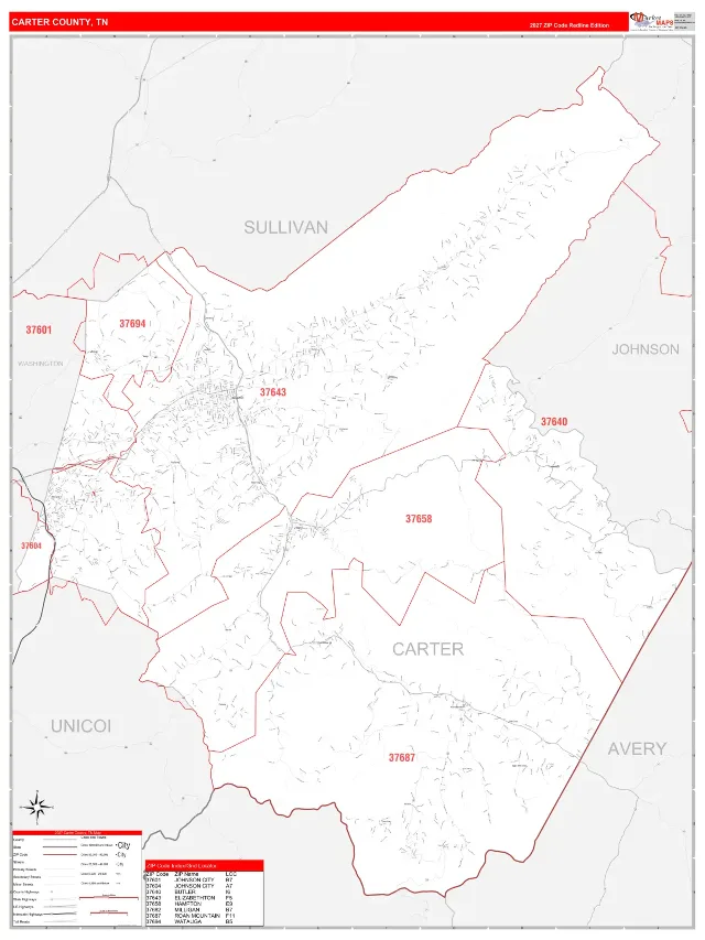 Carter County, TN ZIP Code Wall Map, RedLine style