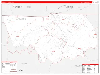 Claiborne County, TN RedLine style ZIP Code wall map