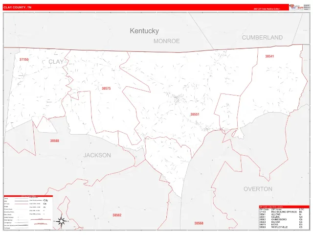 Clay County, TN ZIP Code Wall Map, RedLine style