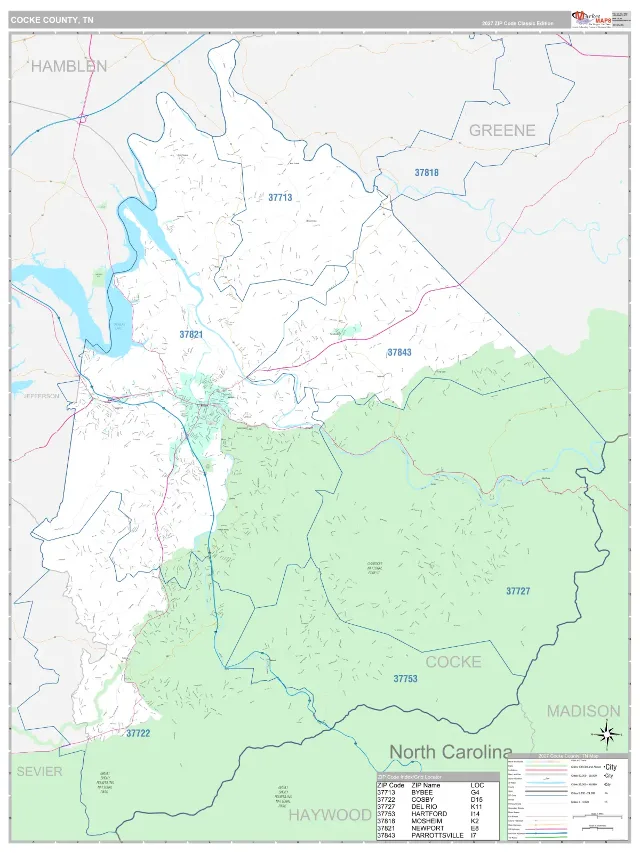 Cocke County, TN ZIP Code Wall Map, Classic style