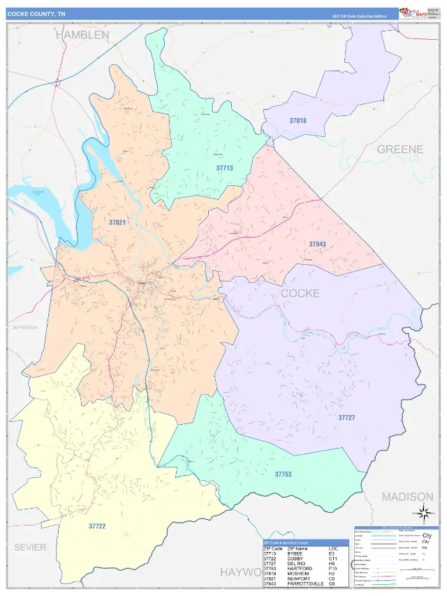 Cocke County, TN ZIP Code Wall Map, ColorCast style