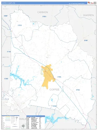 Coffee County, TN Business Reference style ZIP Code wall map