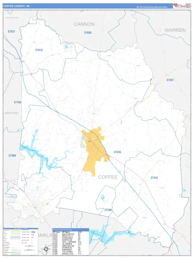 Coffee County, TN ZIP Code Wall Map, Business Reference style