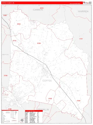 Coffee County, TN RedLine style ZIP Code wall map