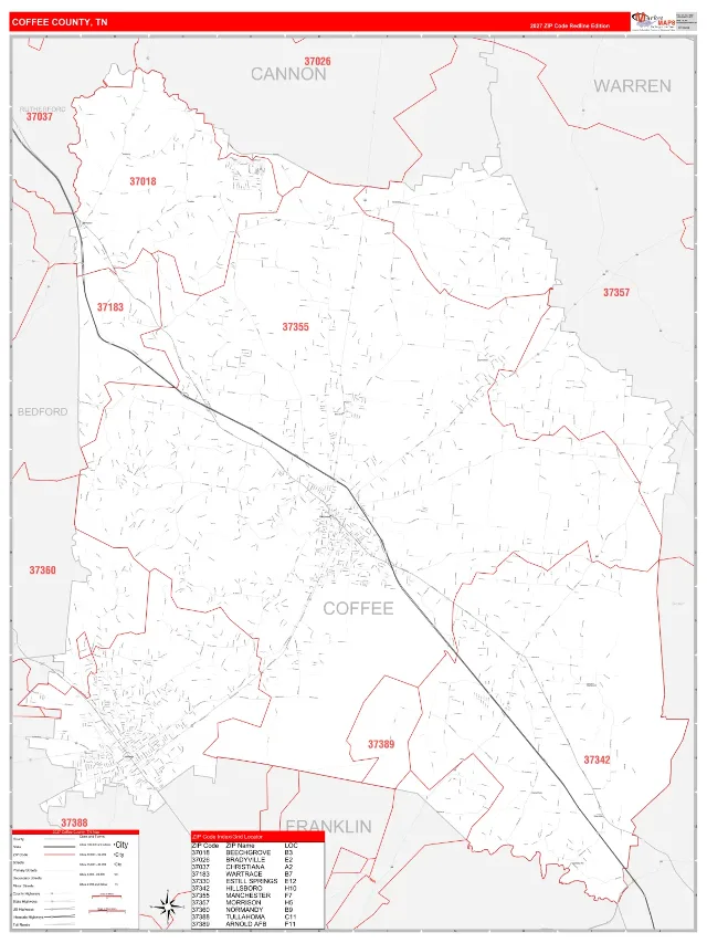 Coffee County, TN ZIP Code Wall Map, RedLine style