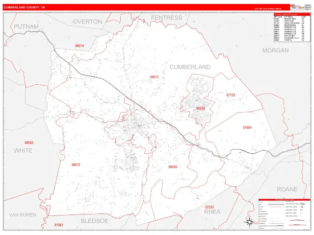 Cumberland County, TN ZIP Code Wall Map, RedLine style