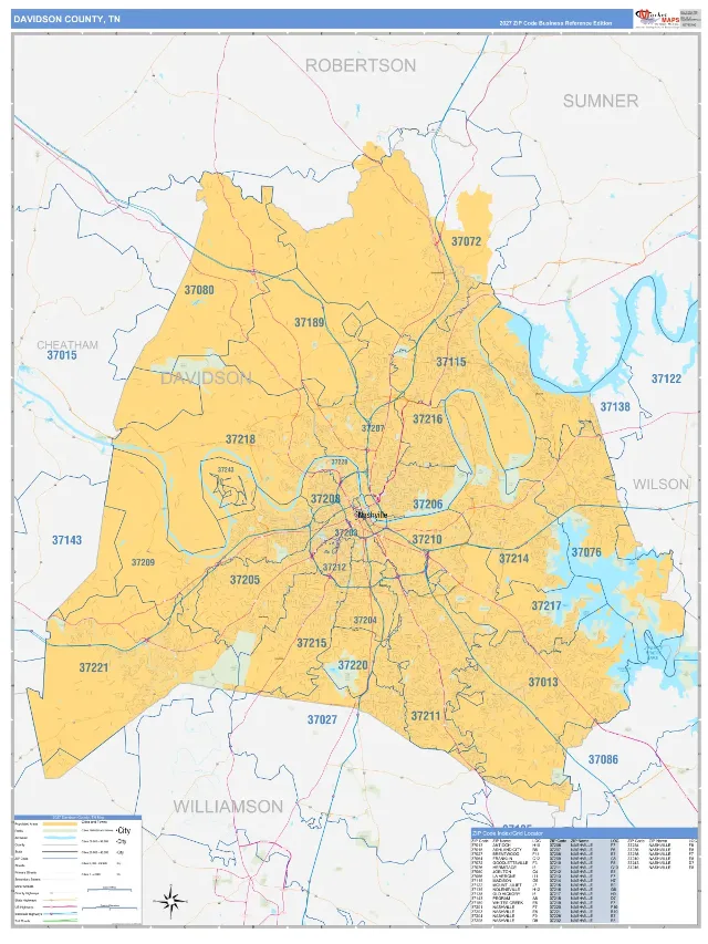 Davidson County, TN ZIP Code Wall Map, Business Reference style