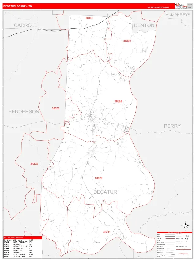 Decatur County, TN ZIP Code Wall Map, RedLine style