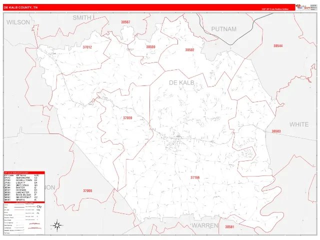 DeKalb County, TN ZIP Code Wall Map, RedLine style