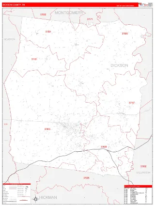 Dickson County, TN RedLine style ZIP Code wall map