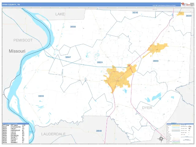 Dyer County, TN ZIP Code Wall Map, Business Reference style