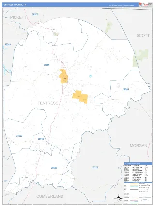 Fentress County, TN Business Reference style ZIP Code wall map