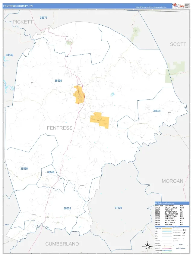 Fentress County, TN ZIP Code Wall Map, Business Reference style
