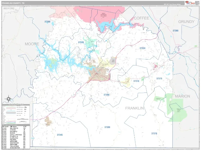 Franklin County, TN ZIP Code Wall Map, Classic style