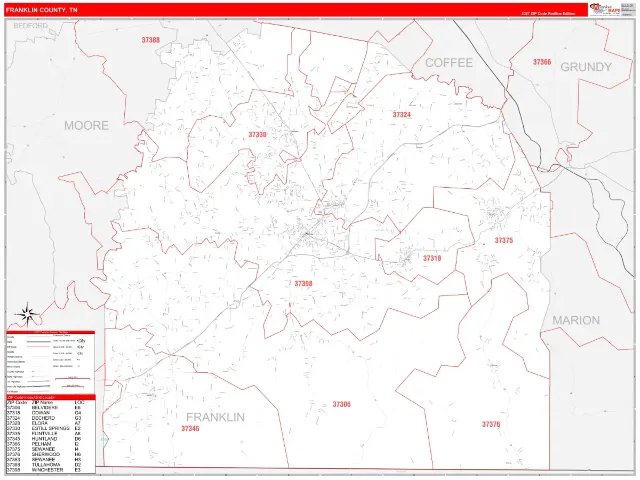 Franklin County, TN ZIP Code Wall Map, RedLine style