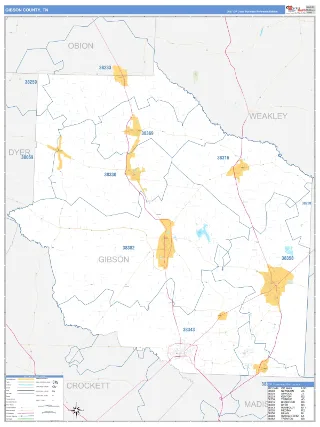 Gibson County, TN Business Reference style ZIP Code wall map