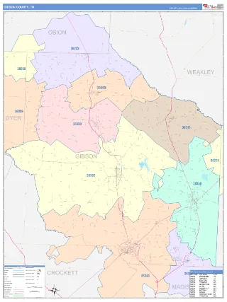 Gibson County, TN ColorCast style ZIP Code wall map