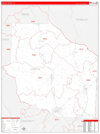 Gibson County, TN RedLine style ZIP Code wall map