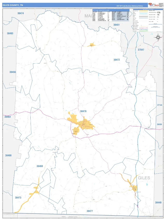 Giles County, TN ZIP Code Wall Map, Business Reference style