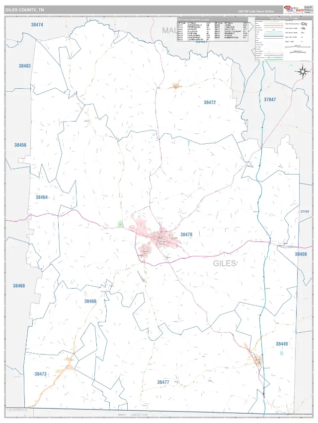 Giles County, TN ZIP Code Wall Map, Classic style