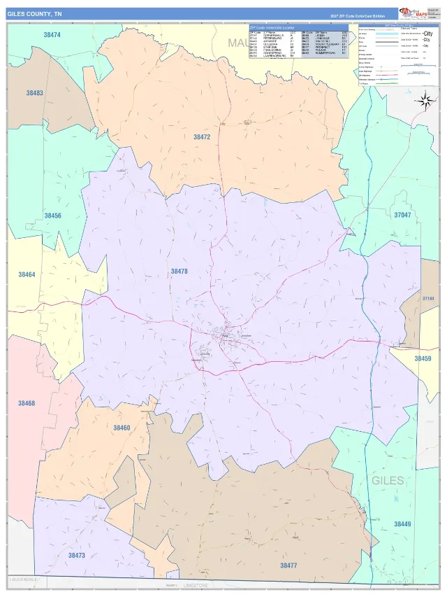 Giles County, TN ZIP Code Wall Map, ColorCast style