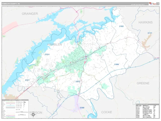 Hamblen County, TN ZIP Code Wall Map, Classic style