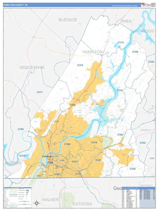 Hamilton County, TN ZIP Code Wall Map, Business Reference style