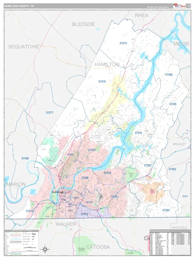 Hamilton County, TN ZIP Code Wall Map, Classic style