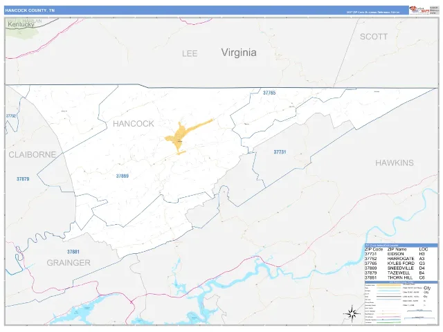 Hancock County, TN ZIP Code Wall Map, Business Reference style