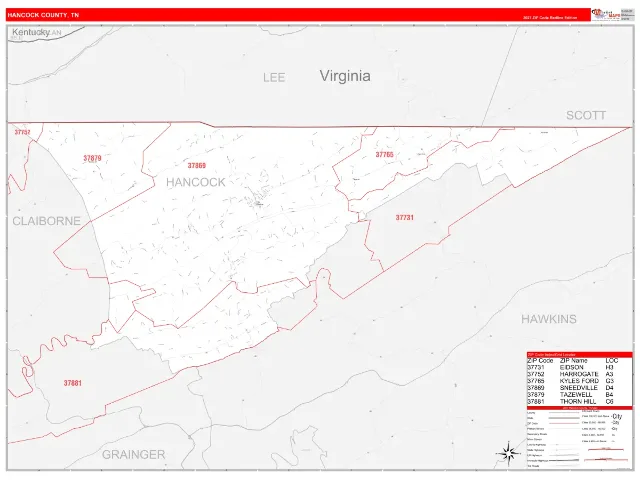 Hancock County, TN ZIP Code Wall Map, RedLine style