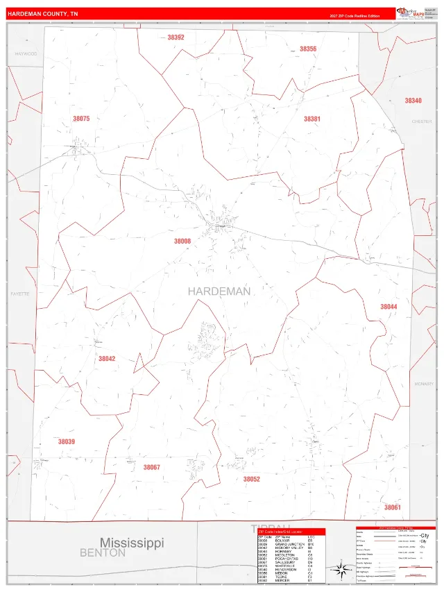 Hardeman County, TN ZIP Code Wall Map, RedLine style