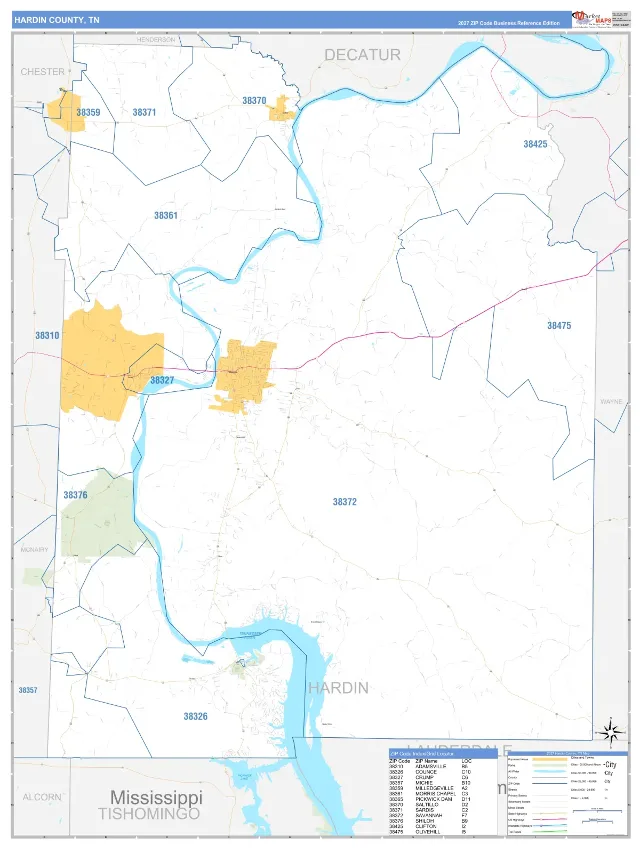Hardin County, TN ZIP Code Wall Map, Business Reference style