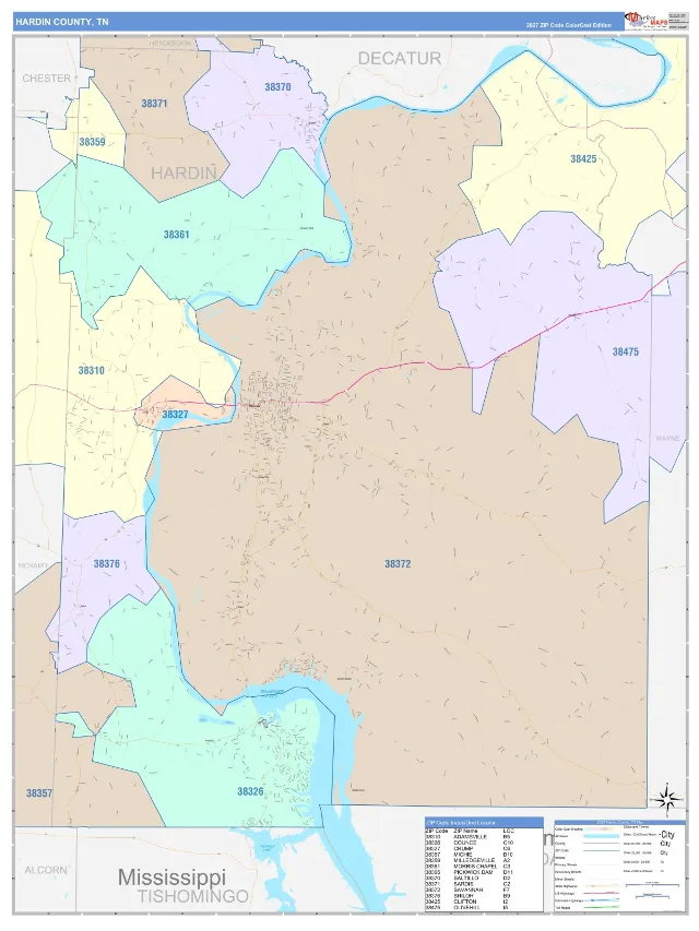 Hardin County, TN ZIP Code Wall Map, ColorCast style