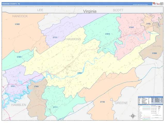 Hawkins County, TN ZIP Code Wall Map, ColorCast style