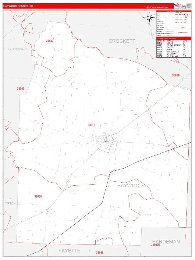 Haywood County, TN ZIP Code Wall Map, RedLine style