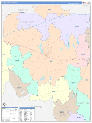 Henderson County, TN ColorCast style ZIP Code wall map