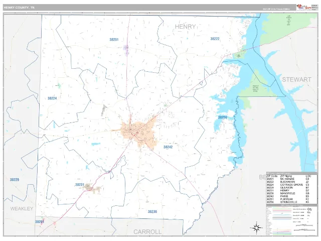 Henry County, TN ZIP Code Wall Map, Classic style