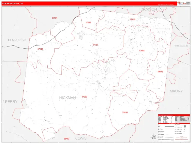 Hickman County, TN ZIP Code Wall Map, RedLine style